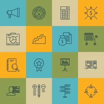 Set Of Project Management Icons On Analysis, Investment And Present Badge Top Stock Illustration