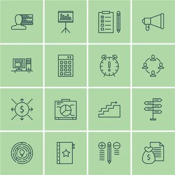 Set Of Project Management Icons On Computer, Reminder And Investment Topics.  Stock Illustration