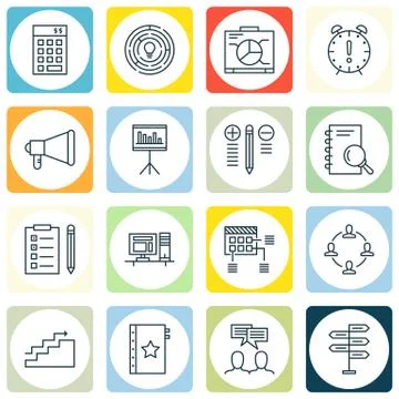 Set Of Project Management Icons On Creativity, Best Solution, Workspace And M Stock Illustration