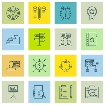 Set Of Project Management Icons On Creativity, Teamwork, Charts And More. Pre Stock Illustration