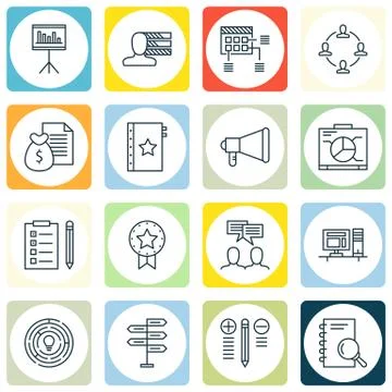 Set Of Project Management Icons On Creativity, Task List, Workspace And More. Stock Illustration
