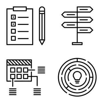 Set Of Project Management Icons On Decision Making, Creativity And Planning.  Stock Illustration
