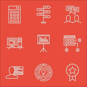 Set Of Project Management Icons On Discussion, Innovation And Presentation To Illustrazione stock
