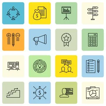 Set Of Project Management Icons On Graph, Decision Making, Creativity And Mor Stock Illustration