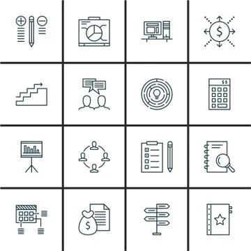 Set Of Project Management Icons On Graph, Charts, Workspace And More. Premium Stock Illustration