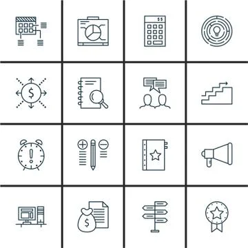 Set Of Project Management Icons On Graph, Charts, Workspace And More. Premium Stock Illustration
