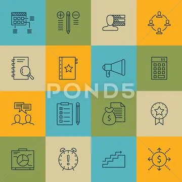 Set Of Project Management Icons On Investment, Discussion And Board Topics. E Stock Illustration