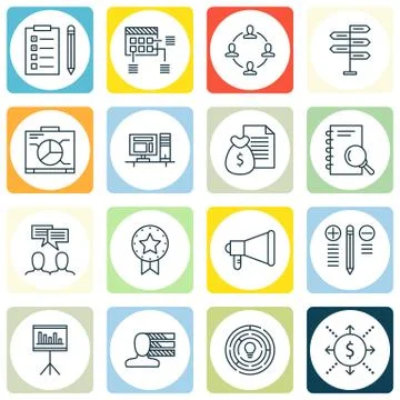 Set Of Project Management Icons On Planning, Statistics, Workspace And More.  Stock Illustration