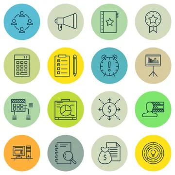 Set Of Project Management Icons On Planning, Statistics, Workspace And More.  Stock Illustration