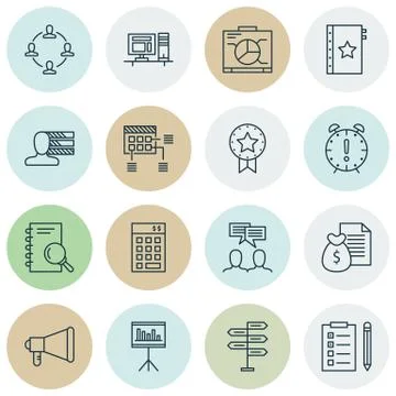 Set Of Project Management Icons On Present Badge, Collaboration And Opportuni Stock Illustration