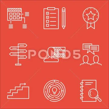 Set Of Project Management Icons On Present Badge, Discussion And Analysis Top Stock Illustration