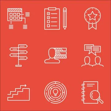 Set Of Project Management Icons On Present Badge, Discussion And Analysis Top Stock Illustration