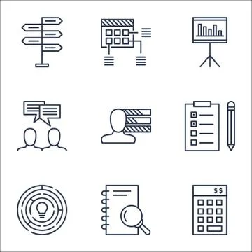 Set Of Project Management Icons On Reminder, Investment And Presentation Topi Stock Illustration