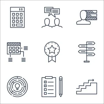 Set Of Project Management Icons On Schedule, Investment And Discussion Topics Stock Illustration