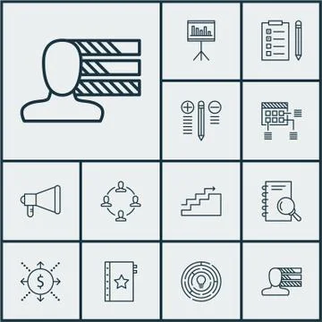 Set Of Project Management Icons On Schedule, Announcement And Analysis Topics Stock Illustration