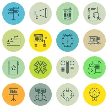 Set Of Project Management Icons On Statistics, Money Revenue, Workspace And M Stock Illustration