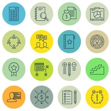 Set Of Project Management Icons On Task List, Team Meeting, Quality Managemen Stock Illustration