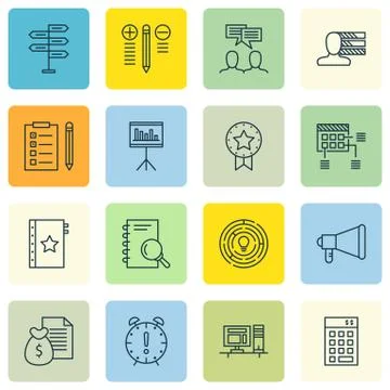 Set Of Project Management Icons On Team Meeting, Award, Workspace And More. P Stock Illustration