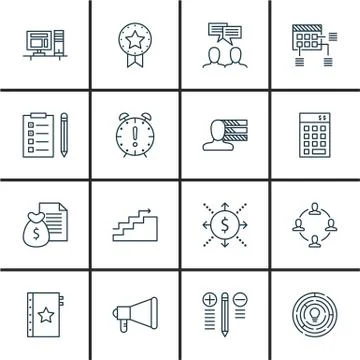 Set Of Project Management Icons On Team Meeting, Workspace, Best Solution And Stock Illustration