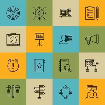 Set Of Project Management Icons On Workspace, Graph, Task List And More. Prem Stock Illustration