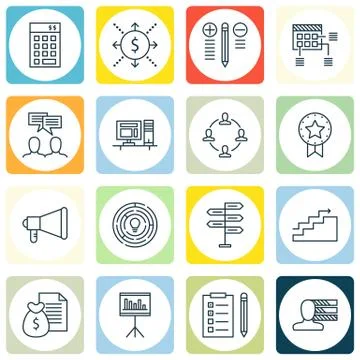 Set Of Project Management Icons On Workspace, Personality, Statistics And Mor Stock Illustration
