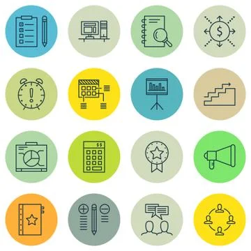 Set Of Project Management Icons On Workspace, Research, Quality Management An Stock Illustration