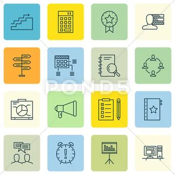 Set Of Project Management Icons On Workspace, Team Meeting, Deadline And More Stock Illustration