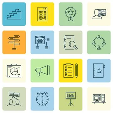Set Of Project Management Icons On Workspace, Team Meeting, Deadline And More Stock Illustration