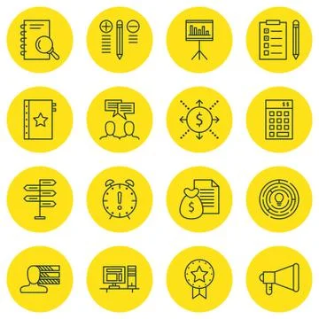 Set Of Project Management Icons On Workspace, Statistics, Decision Making And Stock Illustration