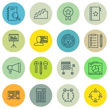 Set Of Project Management Icons On Workspace, Promotion, Creativity And More. Stock Illustration