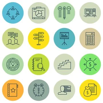 Set Of Project Management Icons On Workspace, Best Solution, Statistics And M Stock Illustration