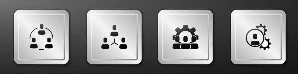 Set Project team base, , and Head hunting icon. Silver square button. Vector Illustrazione stock