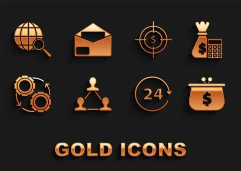 Set Project team base, Calculator with money bag, Wallet dollar symbol, Clock 24 Stock Illustration