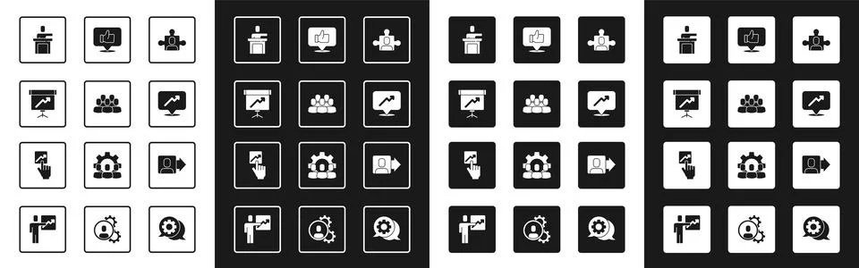 Set Project team base, Chalkboard with diagram, Speaker, Graph, schedule, c.. Stock Illustration