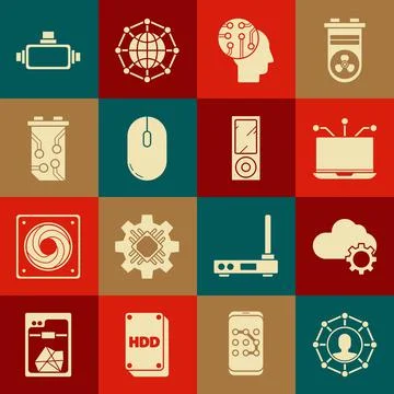 Set Project team base, Cloud technology data transfer and storage, Laptop, Human Illustrazione stock