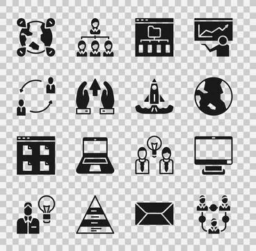 Set Project team base, Computer monitor, Earth globe, Browser files, Growth Stock Illustration