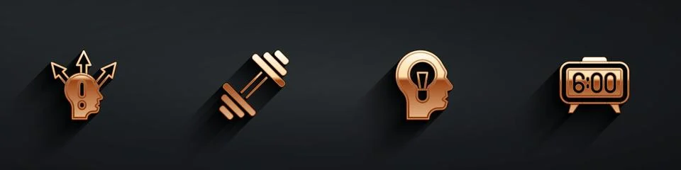 Set Project team base, Dumbbell, Human with lamp bulb and Digital alarm clock イラスト素材