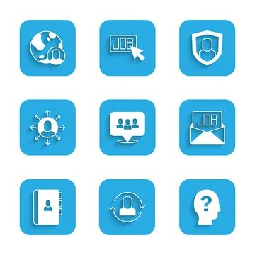 Set Project team base, Exchange work, Worker, Search job, Resume, Multitasking Stock Illustration