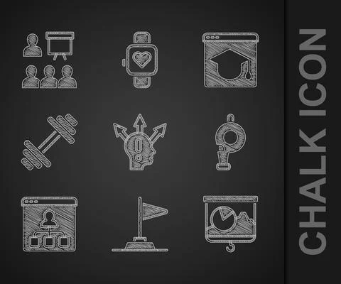 Set Project team base, Flag, Chalkboard with chart, Whistle, Online education Stock Illustration