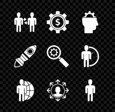 Set Project team base Gear with dollar symbol Human gear inside Globe and peo Stock Illustration
