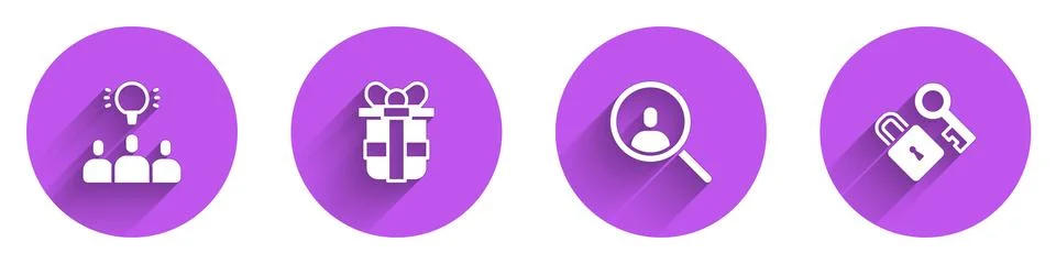 Set Project team base, Gift box, Magnifying glass for search and Lock with key Stock Illustration