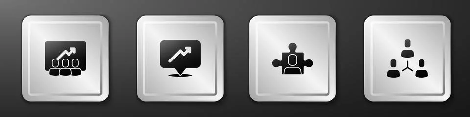 Set Project team base, Graph, schedule, chart, and icon. Silver square button Stock Illustration