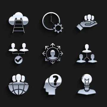 Set Project team base, Human head with question mark, lamp bulb, Globe and 스톡 일러스트