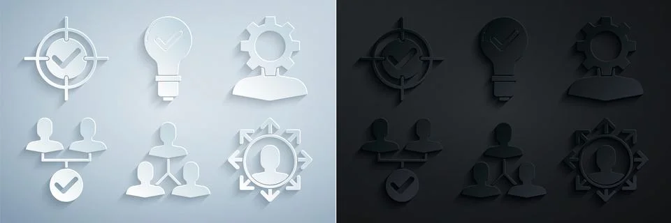 Set Project team base, Human with gear inside, Light bulb and check mark and Illustrazione stock