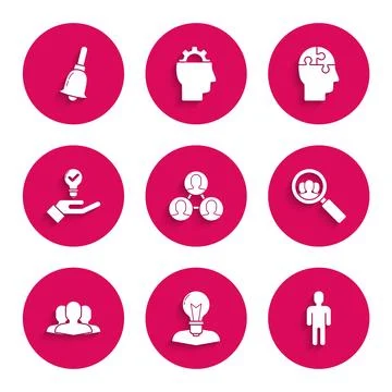 Set Project team base Human head with lamp bulb User of in business suit Magn Ilustração Stock