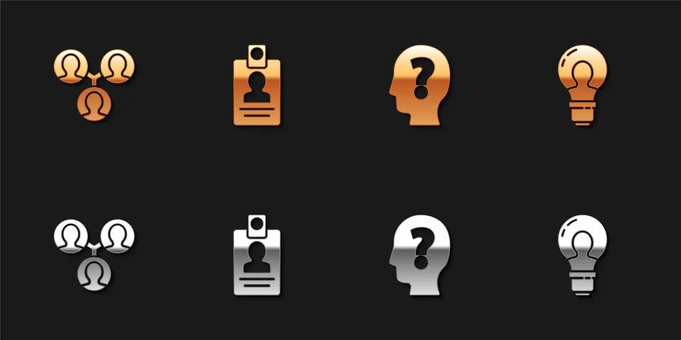Set Project team base, Identification badge, Head with question mark and lamp Illustrazione stock