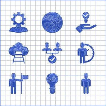 Set Project team base, Light bulb and check mark, User of man in business suit Ilustração Stock