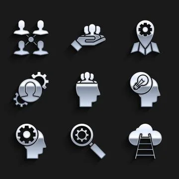 Set Project team base, Magnifying glass and gear, Ladder leading to cloud, Human Illustrazione stock