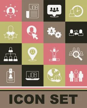 Set Project team base, Magnifying glass for search job, Exchange work, Worker Stock Illustration
