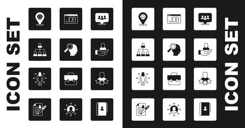 Set Project team base, Magnifying glass for search job, Employee hierarchy Stock Illustration